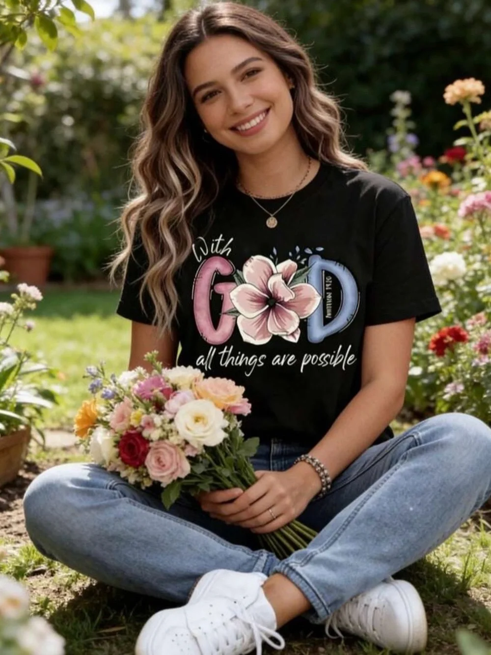 Christian Faith Graphic Tee With God All Things Are Possible Floral Scripture - Picture 3 of 5